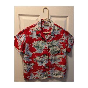Vintage Liz Claiborne Camp Shirt Red Print w Sailboats Sz M VGC
